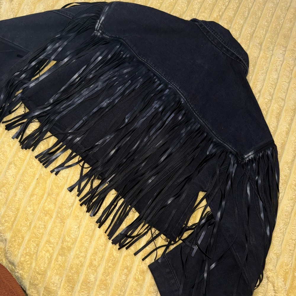 Forever 21 Black Jean Jacket denim faux leather Fringe western boho size Small - Picture 6 of 12